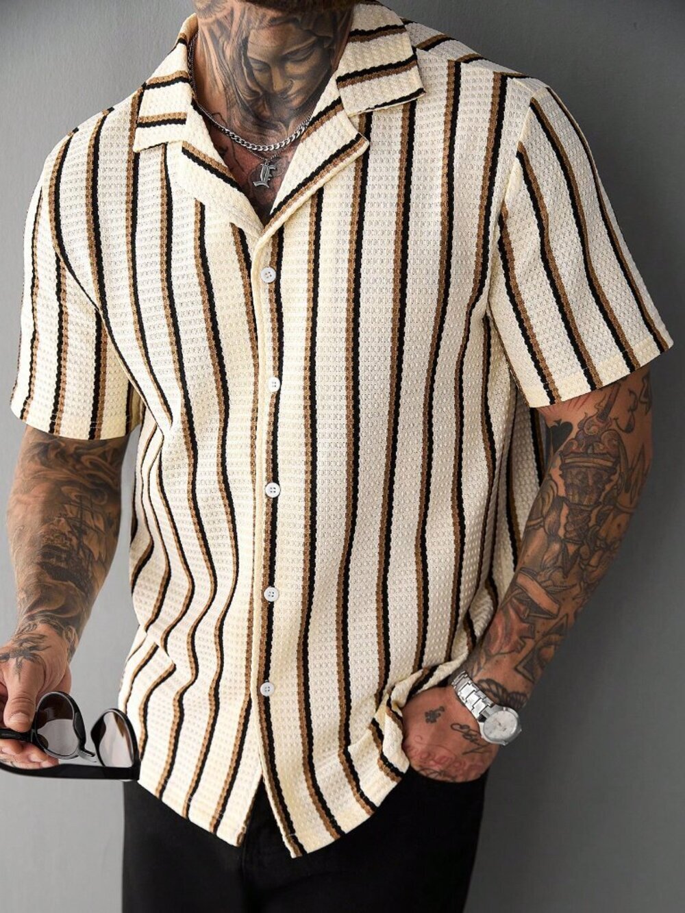 Multicolor Casual Men's Striped Waffle Knit Polo Shirt